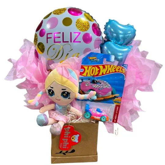 box muñeca hotwheels y globos 